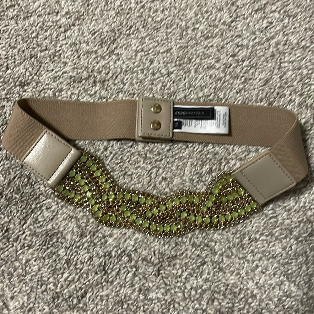 BCBG Maxazria stretch belt, taupe with gold/green stones, XS